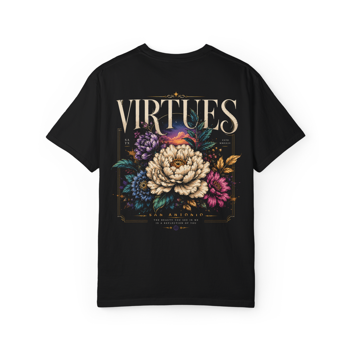 Black 100% cotton Virtues Half Tone floral T-shirt back view